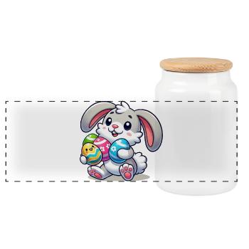 Easter bunny with colorful eggs - Panoramic Cookie Jar with Wooden Lid - white - Front