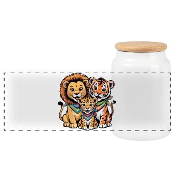 Cute Lion Tiger Leopard Friends - Panoramic Cookie Jar with Wooden Lid - white - Front
