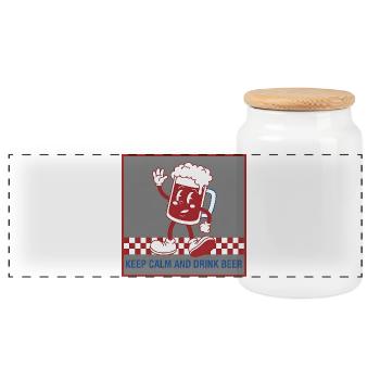Keep Calm Beer Caricature - Panoramic Cookie Jar with Wooden Lid - white - Front