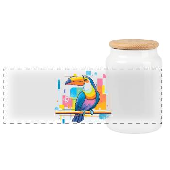 Colorful toucan on neon surfaces - Panoramic Cookie Jar with Wooden Lid - white - Front