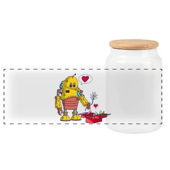 The robot and love - Panoramic Cookie Jar with Wooden Lid - white - Front
