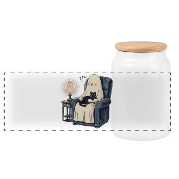 Fantôme du Chat du Vide endormi - Chat noir douillet et effrayant - Boîte à biscuits avec couvercle en bois - blanc - Devant