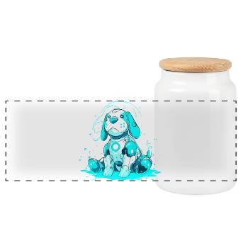 Neon Robo Dog in Cyan Beam - Panoramic Cookie Jar with Wooden Lid - white - Front