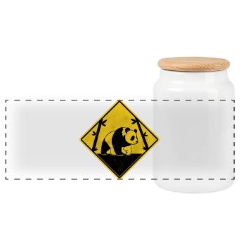 Panda yellow road sign - Panoramic Cookie Jar with Wooden Lid - white - Front