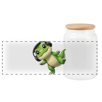 Cute T-Rex Dino with Headphones Dancing Music - Panoramic Cookie Jar with Wooden Lid - white - Front