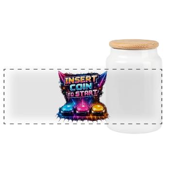 Retro Arcade Neon – Insert Coin - Panorama Keksdose mit Holzdeckel - Weiß - Vorne