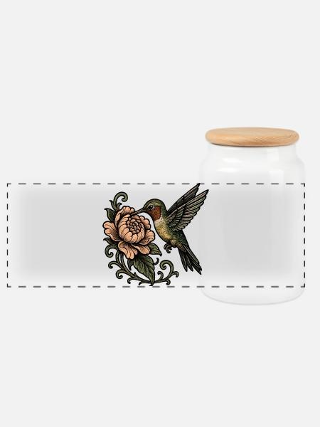 Kolibri mit Rose Vintage Tattoo - Panorama Keksdose mit Holzdeckel - Weiß
