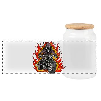 Skeleton Motorcycle Flames - Panoramic Cookie Jar with Wooden Lid - white - Front