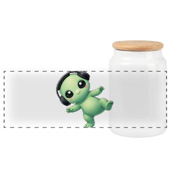 Alien Alien with Headphones Techno Dancing - Panoramic Cookie Jar with Wooden Lid - white - Front