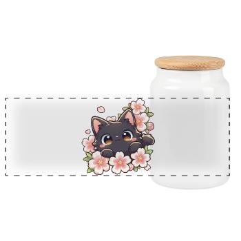 Cute Black Cat & Cherry Blossoms – Kawaii Sakura - Panoramic Cookie Jar with Wooden Lid - white - Front