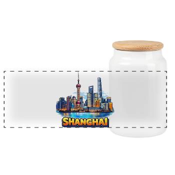 Shanghai Skyline Illustration - Panoramic Cookie Jar with Wooden Lid - white - Front