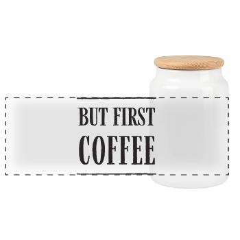 But First, Coffee – Lustiges Kaffee-Textdesign - Panorama Keksdose mit Holzdeckel - Weiß - Vorne