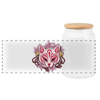 Tolle Kitsune Inari Kabuki Maske mit Kirschblüten - Panorama Keksdose mit Holzdeckel - Weiß - Vorne