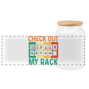 Check Out My Rack Mahjong Player Tiles - Panoramic Cookie Jar with Wooden Lid - white - Front