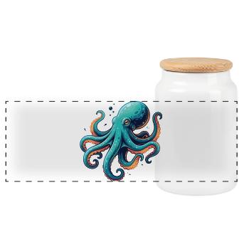 Colorful Octopus Cartoon Motif - Panoramic Cookie Jar with Wooden Lid - white - Front