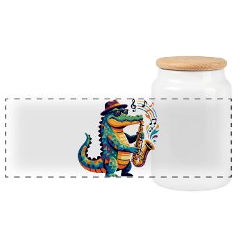 Alligator Jazz Musik Saxophon bunte Formen Muster  - Panorama Keksdose mit Holzdeckel - Weiß - Vorne
