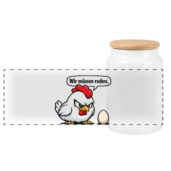 Wir müssen reden Huhn Humor Geschenk - Panorama Keksdose mit Holzdeckel - Weiß - Vorne
