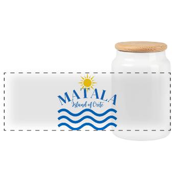 Matala Kreta-Wellen-Sonnenlogo - Panorama Keksdose mit Holzdeckel - Weiß - Vorne