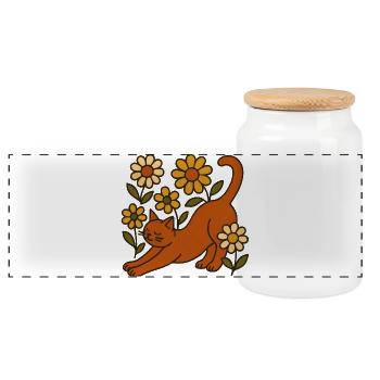 Orange cat between garden daisies - Panoramic Cookie Jar with Wooden Lid - white - Front