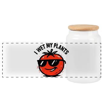 I water my plants: Cool Tomato in the Vegetable Garden - Panoramic Cookie Jar with Wooden Lid - white - Front