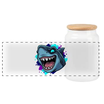 Laughing Shark Cartoon Clipart - Panoramic Cookie Jar with Wooden Lid - white - Front