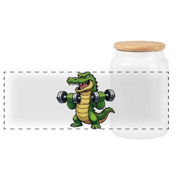 Krokodil Krafttraining Cartoon - Panorama Keksdose mit Holzdeckel - Weiß - Vorne