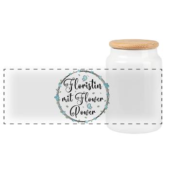 Floristin mit Flower Power - Panorama Keksdose mit Holzdeckel - Weiß - Vorne