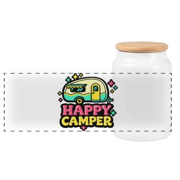 Illustration de caravane pastel Happy Camper - Boîte à biscuits avec couvercle en bois - blanc - Devant