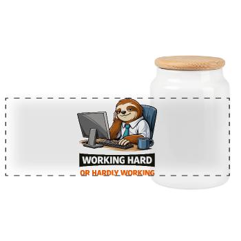 Sloth at Desk: Work Hard Meme - Panoramic Cookie Jar with Wooden Lid - white - Front