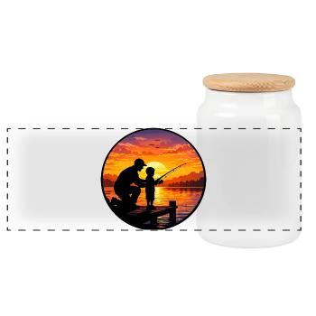 Angeln bei Sonnenuntergang mit Papa und Kind - Panorama Keksdose mit Holzdeckel - Weiß - Vorne