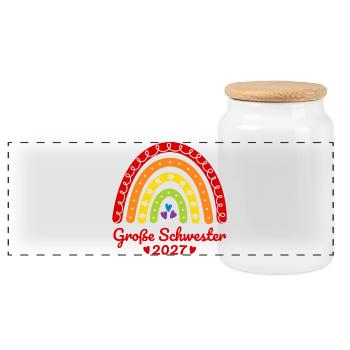 Große Schwester 2027 Boho Regenbogen bunt - Panorama Keksdose mit Holzdeckel - Weiß - Vorne