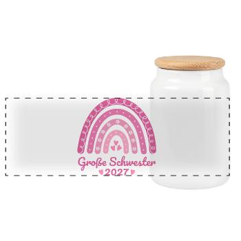 Große Schwester 2027 Regenbogen rosa - Panorama Keksdose mit Holzdeckel - Weiß - Vorne