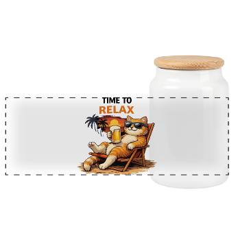 Chat relaxant au coucher de soleil avec de la bière - Boîte à biscuits avec couvercle en bois - blanc - Devant