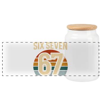Six Seven 67 Italian Brainrot Retro Sunset Meme - Panoramic Cookie Jar with Wooden Lid - white - Front