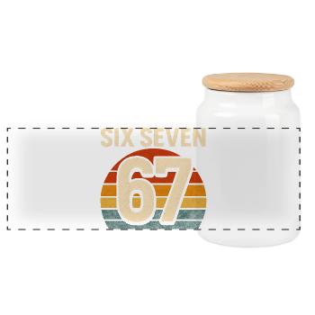 Six Seven 67 Italian Brainrot Retro Sunset Meme - Panoramic Cookie Jar with Wooden Lid - white - Front