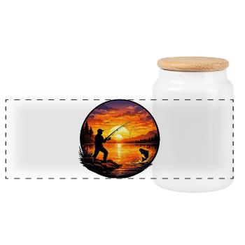 Angler Silhouette am See bei Sonnenuntergang - Panorama Keksdose mit Holzdeckel - Weiß - Vorne