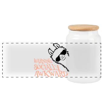 Lama Warning Socially Awkward Sunglasses Alpaca - Panoramic Cookie Jar with Wooden Lid - white - Front