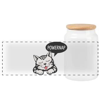 Powernap Cat - Sleeping Motif - Panoramic Cookie Jar with Wooden Lid - white - Front