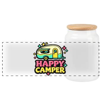 Camping-car rétro joyeux - Boîte à biscuits avec couvercle en bois - blanc - Devant