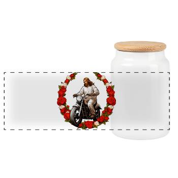 Jesus Motorcycle - Panoramic Cookie Jar with Wooden Lid - white - Front