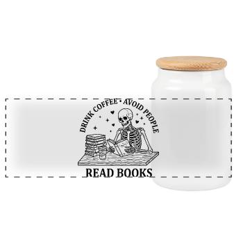 Drink Coffee Read Books Funny Skeleton Shirt - Panoramic Cookie Jar with Wooden Lid - white - Front
