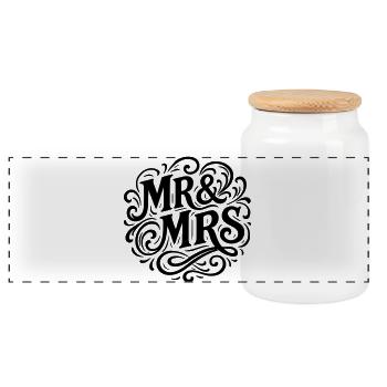 Mr and Mrs Wedding Heart Gift Marriage Couple - Panoramic Cookie Jar with Wooden Lid - white - Front
