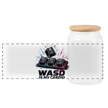 Lustiges Gaming Keyboard WASD mein Cardio Gamer - Panorama Keksdose mit Holzdeckel - Weiß - Vorne