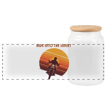 Motorcyclist in sunset - Panoramic Cookie Jar with Wooden Lid - white - Front