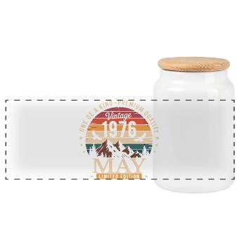 Vintage May 1976 Birthday May 1976 - Panoramic Cookie Jar with Wooden Lid - white - Front