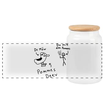 Pommes Deev Möw Dieb Möwe Plattdeutsch - Panorama Keksdose mit Holzdeckel - Weiß - Vorne