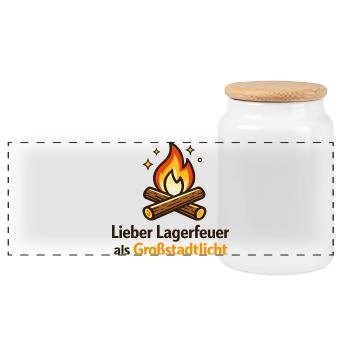 Lagerfeuer gegen Großstadtlicht - Panorama Keksdose mit Holzdeckel - Weiß - Vorne