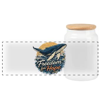 Freedom for Hope: Whale & Wave - Panoramic Cookie Jar with Wooden Lid - white - Front