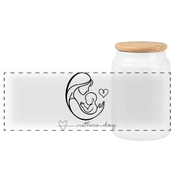 Motherhood Heartbeat Line Art Design - Panoramic Cookie Jar with Wooden Lid - white - Front
