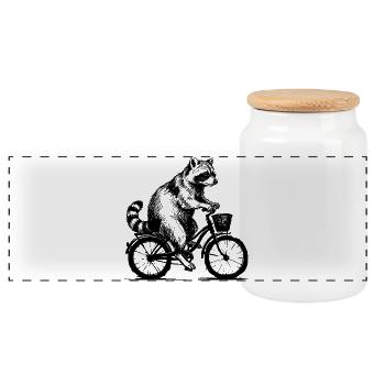 Waschbär auf Fahrrad lustige Tier Illustration - Panorama Keksdose mit Holzdeckel - Weiß - Vorne